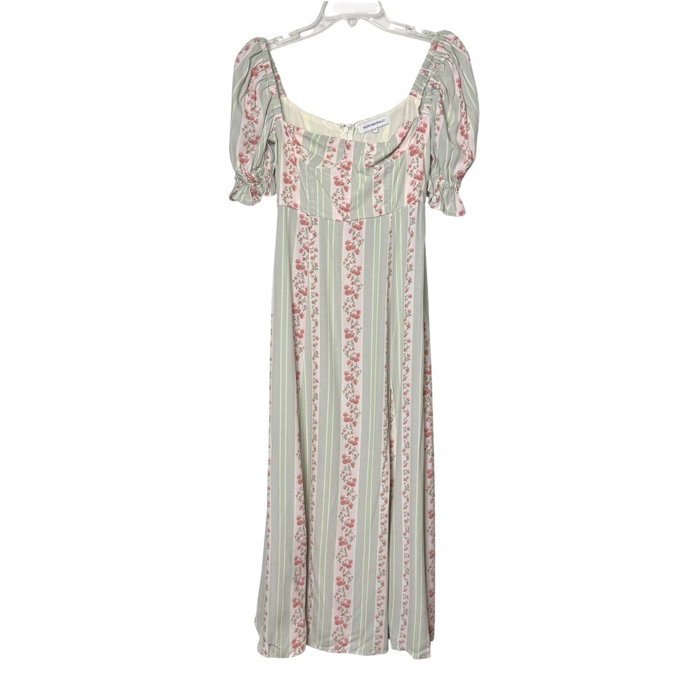 WeWoreWhat Sage Green Floral Stripe Puff Sleeve Maxi Dress Size 00 Cottagecore